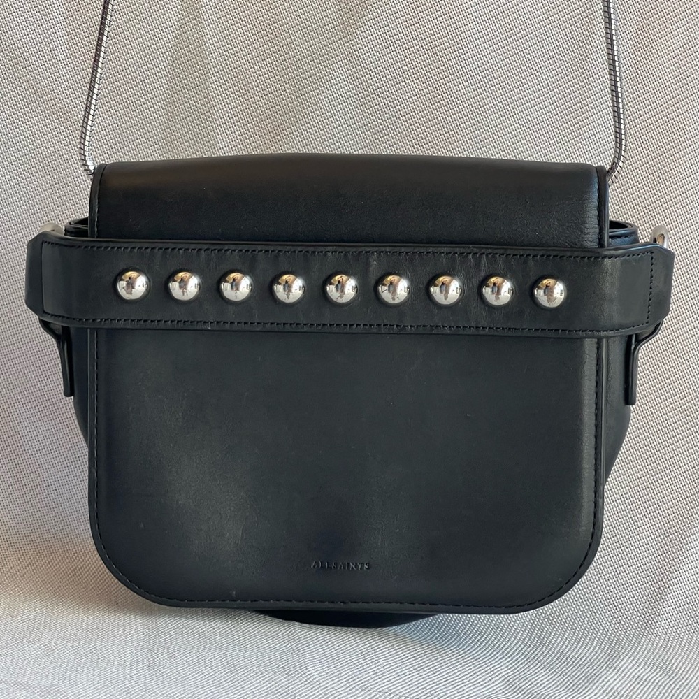 AllSaints Leather Crossbody with Studs & Chain Strap – Black – Edgy Minimalist